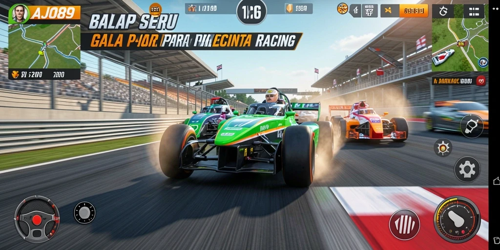 Gameplay AJO89 yang seru dengan mobil balap berkecepatan tinggi.