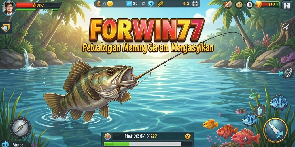 Screenshot gameplay FORWIN77 menunjukkan aksi memancing yang seru dan menegangkan.