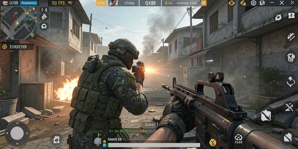 Screenshot GX88 menunjukkan aksi intens pertempuran FPS.