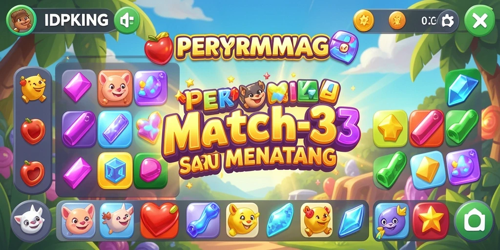 Screenshot IDPKING menampilkan gameplay Match-3 yang dinamis dan penuh warna.