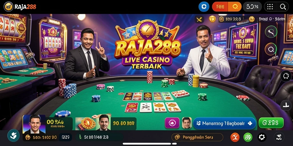 Screenshot gameplay RAJA288 menunjukkan interaksi dealer langsung dan keseruan permainan.