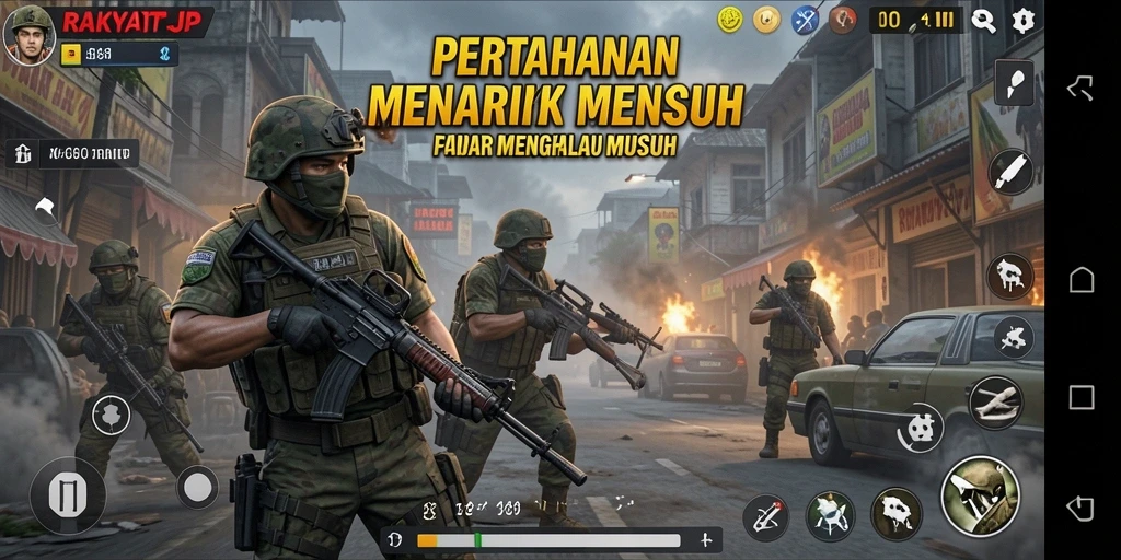 Screenshot RAKYATJP yang menampilkan aksi pertahanan seru di medan perang.
