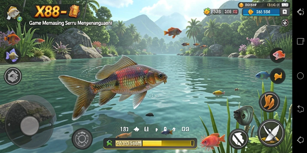 Gameplay X88 menampilkan momen menegangkan saat menangkap ikan.